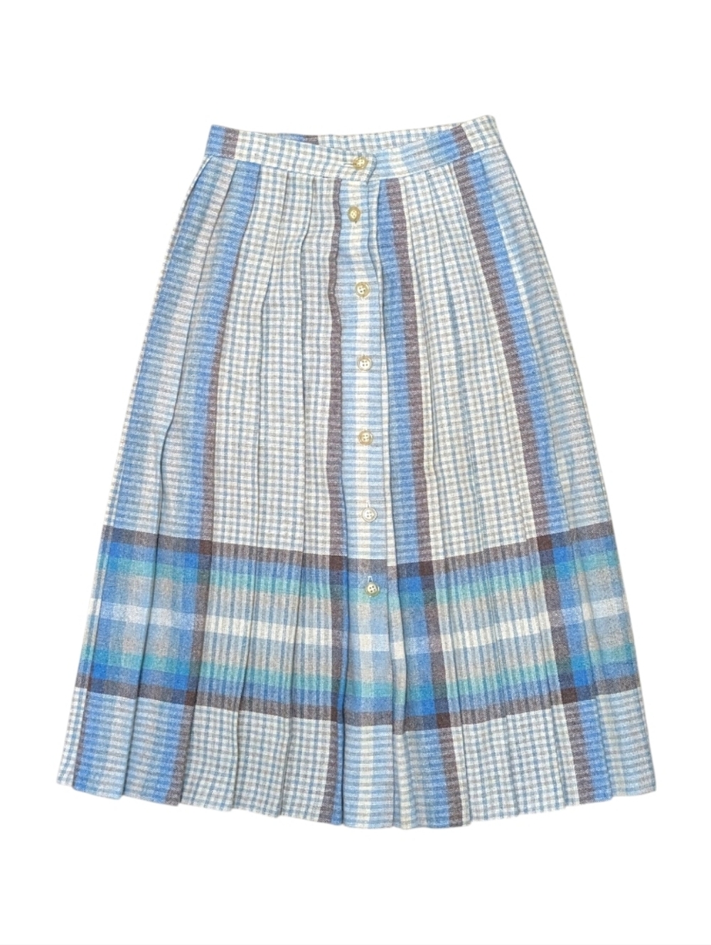 Vintage 70s Peapod Pleated Brown Checkered Wool Blend Midi Academia Skirt XS